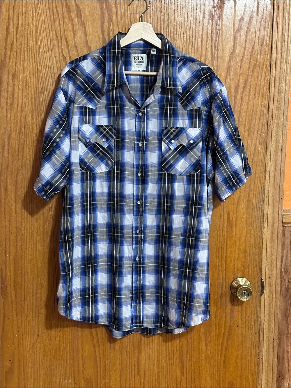 Ely Cattleman Blue and Black Plaid Short-Sleeve Western‎ Shirt pearl snap sz xxl